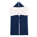 Blue knitted baby sleeping bag featuring white plush lining and warm winter stroller blanket. - Navy Blue