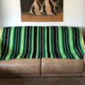 Green striped woven Mexican blanket, versatile boho couch throw and picnic mat style. - 35*210 200g / Black Green