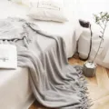Nordic solid color knitted fringe blanket, cozy sofa throw and soft bed runner for home. - Light Gray