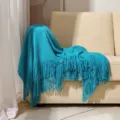 Bright turquoise knitted throw blanket with fringe, solid color sofa cover home decor. - Teal