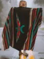 Mexican woven jacquard blanket with thunderbird pattern, cozy retro fringe aztec throw rug. - Black
