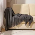 Nordic solid color knitted throw blanket with fringe for cozy sofa and bed decor. - Dark Gray