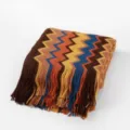 Bohemian multicolored zigzag knit throw blanket with fringe for sofa and office nap use. - 127*152 + 15cm Fringe 500g / Warp Wave - Yellow