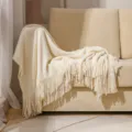 Nordic solid color knitted tassel blanket, elegant cream white sofa throw for living room. - Beige