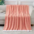 Cozy knitted throw blanket detail, soft half-velvet texture, thick warm home decor sofa cover. - Fluffy Blankets - Orange