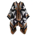 Nordic geometric jacquard open front poncho, black grey winter warm imitation cashmere cape - Cross Shawl
