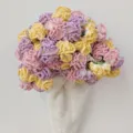 Handmade crochet flower bouquet blanket variant, cozy wool yarn gift home decor item. - Three-Color Yellow, Purple and Pink Carnations on White Base