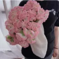 Handmade crochet carnation flower bouquet blanket gift, cozy knit throw for home decor. - Pink Gradient Carnations on White Base