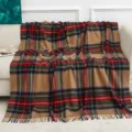 Cozy plaid wool throw blanket with fringe, classic tartan design for home sofa and travel use. - Camel Check