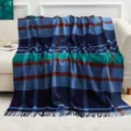 Blue plaid wool throw blanket with fringe for sofa bed, cozy warm winter home travel blanket. - Lake Green Plaid