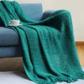 Couverture de canapé en tricot nordique jetable bleu sarcelle frangée pour salon - Motif barrière - Vert émeraude
