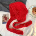 Handcrafted red knit balaclava hat detail, vintage winter warm thick wool hood with cute flower. - Red