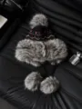 Ethno Vintage Jacquard Bombermütze Detail, dicke warme Fell Plüsch Ohrenklappen Wintermütze. - Schwarz