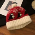 Süße Pinguin Winter Strickmütze, warme dicke Wollmütze mit Bommel für Damen und Mädchen. - Mini roter Weihnachtshut