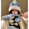 Set cappello e sciarpa in maglia di cashmere pinguino, berretto invernale blu caldo. - Blu (berretto e sciarpa)