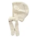 Beige handmade crochet chunky yarn balaclava hat with 3D flower detail, vintage winter knit cap - White