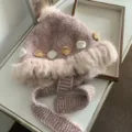 Handmade wool knitted fluffy ear-flap hat with 3d crochet flowers, cozy winter warm beanie. - Pink