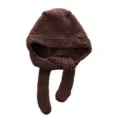 Brown knitted balaclava hat with 3D flower and long ear flaps for winter cozy fashion style. - Coffee