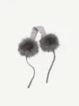 Grey plush earmuffs detail closeup, cute winter warm fluffy ear warmers with knit headband. - Gray
