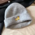 Grey knit beanie for women, winter warm cuffed cap with cute yellow raincoat puppy embroidery. - 56-58cm / Light Gray