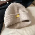 Beige knit beanie with cute puppy embroidery, soft warm winter slouchy hat for women. - 56-58cm / Khaki