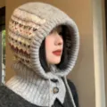 Damen Winter Strick Balaclava Mütze Fair Isle Muster warme Kapuze Schal für Outdoor Radfahren - 56-58cm / Grau