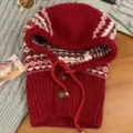 Rote Fair Isle Strick Sturmhaube Winter Kapuzenschal mit Knöpfen und Kordel warmer Ohrenschutz. - 56-58cm / Rot