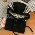 Fair Isle Strick Sturmhaube Damen Winter Mütze Schal integriert thermisch ohrenschützend - 56-58cm / Schwarz