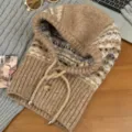 Damen Winter warme Knitted Balaclava Mütze Schal Kombi Fair Isle Muster braune Mütze - 56-58cm / Khaki