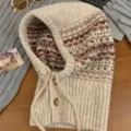 Women winter warm Fair Isle knitted balaclava hood scarf with buttons and drawstrings. - 56-58cm / Beige