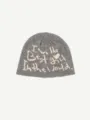 Grey knit beanie with white slogan text, stylish streetwear winter warm pull-on hat. - M (56-58cm) / Gray