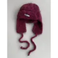 Fluffy mohair trapper hat with earflaps and ties, cozy winter knit hat in rich plum color. - Fuschia