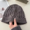 Korean hollow wool knitted beanie hat for women, autumn retro fashion warm pullover cap. - One Size / Coffee