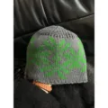 Grey and green knit beanie hat, vintage wool winter cap with cozy retro jacquard style. - Gray