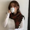 Retro plaid knitted triangular scarf, cozy retro winter fashion neckerchief accessory detail. - Coffee