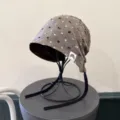 Vintage gemusterte Haube Hut für Damen, leichte Sommer slouchy Mütze mit Bindebändern. - 56-58cm / Khaki Punkte
