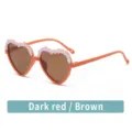 Kids heart-shaped sunglasses with white floral decal and brown lenses, dark red. - Dark Red