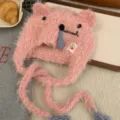Niedliche Cartoon Tier Ohr Strickmütze Winter warme Plüschmütze mit geflochtenen Bändern Damen - M (56-58cm) / Rosa