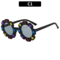 Kids black floral sunglasses with colorful heart appliqués, cute UV protection eyewear. - Black (C1)