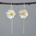 Silver flower long hook earrings with gold center, natural style elegant drop earrings. - Small Silver Flower with Gold Core