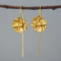 Elegant 925 silver gold-plated jasmine flower long hook earrings for women, artistic style. - Large Gold