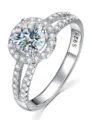 S925 Silberring mit rundem Zirkonia, funkelndem Halo und geteilter funkelnder Ringschiene. - HK 15 / US 7 / 2 ct / 2ct Weißer Moissanit (Weißgold-Beschichtung)
