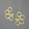 Gold honeycomb bee ear threads S925 sterling silver elegant women drop earrings main view - Gold (LFJB0270A)