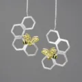 Sterling silver honeycomb bee long chain dangle earrings, elegant pastoral style jewelry. - Silver And Gold Two-Tone (LFJB0270E)