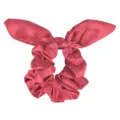 Red satin hair scrunchie with bunny ears design, soft fabric detail shot for daily hairstyles. - Burgundy