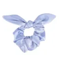 Close-up detail of a light blue satin hair scrunchie with cute bunny ear knot design. - Sky Blue