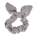 Detailed close-up view of the black and white striped hair scrunchie with cute bunny ears. - Striped Black