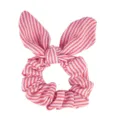 Detailed close-up view of the pink and red striped satin rabbit ear hair scrunchie. - Red Stripe