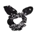 Black white paisley print bunny ear hair scrunchie elastic fabric hair band styling accessory - Black Printed