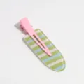 Detailed view of a sweet striped hair clip with pink metal duckbill and colorful stripes. - Striped Blue Green Pink